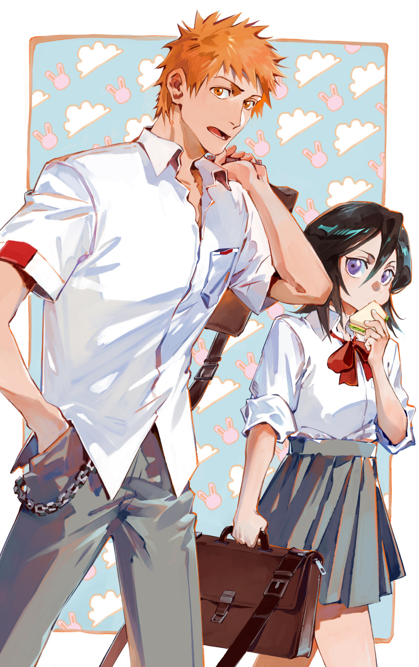 1boy 1girl absurdres bag black_hair bleach brown_bag chain collared_shirt food food_in_mouth grey_pants grey_skirt hair_between_eyes hand_in_pocket highres holding holding_food kuchiki_rukia kurosaki_ichigo kuzen looking_at_viewer neck_ribbon open_mouth orange_eyes orange_hair pants pleated_skirt pointy_hair purple_eyes red_ribbon ribbon sandwich school_bag school_uniform shirt short_hair short_sleeves skirt sleeves_rolled_up uniform white_shirt