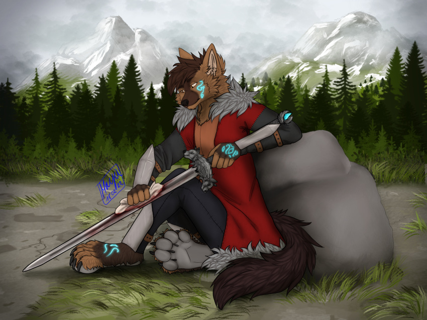 2022 5_fingers 5_toes anthro armor blood bodily_fluids bottomwear bracers brown_body brown_fur cape claws cleaning cloth clothed clothing coat coat_cape dark_brown_fur facial_tattoo fantasy_sword fantasy_weapon feet fingers foot_focus footprint forest forest_background full_pad fur greaves grey_pawpads gulonine hand_tattoo hi_res leather leather_armor male mammal marten melee_weapon membrane_(anatomy) mustelid musteline nature nature_background neves_(razim) orange_eyes pants pawpads pawprint pawprint_tattoo paws plant rock sable_(marten) sword tan_body tan_fur tattoo toe_claws toes topwear tree weapon webbed_feet webbed_hands