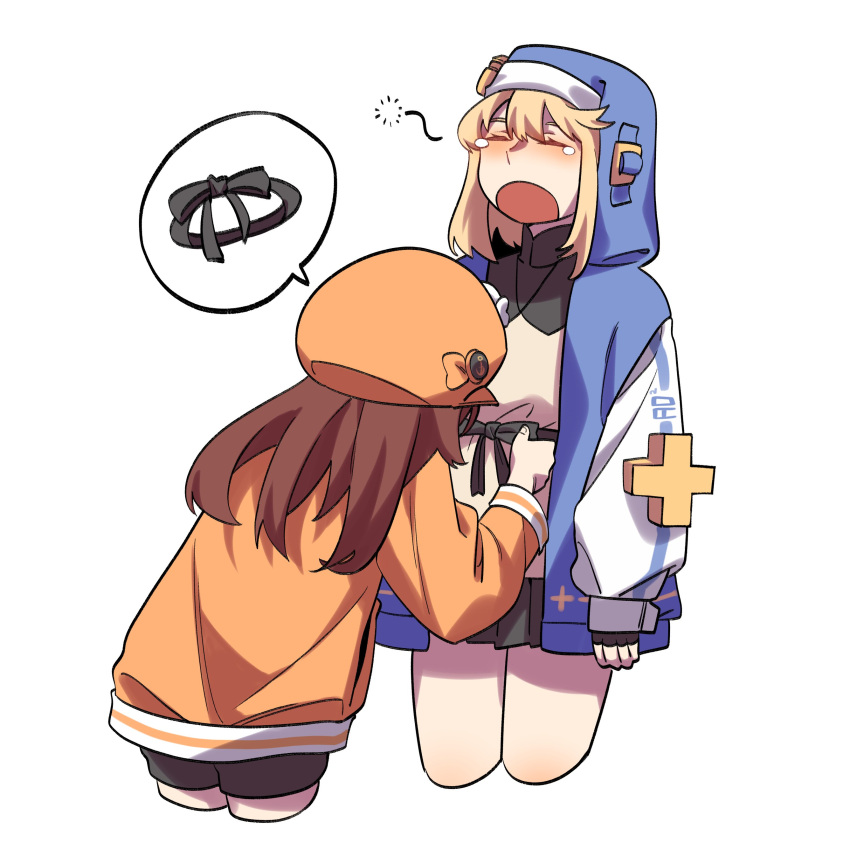 1boy 1girl absurdres androgyne_symbol bike_shorts black_gloves blonde_hair bridget_(guilty_gear) brown_hair cabbie_hat fingerless_gloves garden27 gloves guilty_gear guilty_gear_strive habit hat highres hood hood_up hooded_jacket hoodie jacket long_hair long_sleeves male_focus may_(guilty_gear) medium_hair open_clothes open_hoodie open_mouth orange_headwear orange_hoodie otoko_no_ko puffy_long_sleeves puffy_sleeves sleepy waking_up yawning