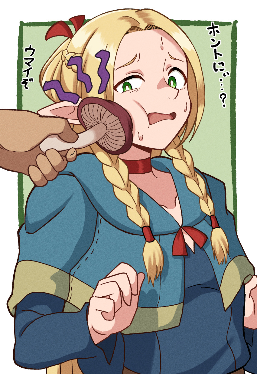 1girl 1other absurdres blonde_hair blue_capelet blue_robe braid capelet cheek_poking choker dungeon_meshi dwarf elf green_eyes hair_ribbon highres kiteman442 long_hair marcille_donato multiple_braids mushroom open_mouth phallic_symbol pointy_ears poking red_choker red_ribbon ribbon robe solo_focus sweat