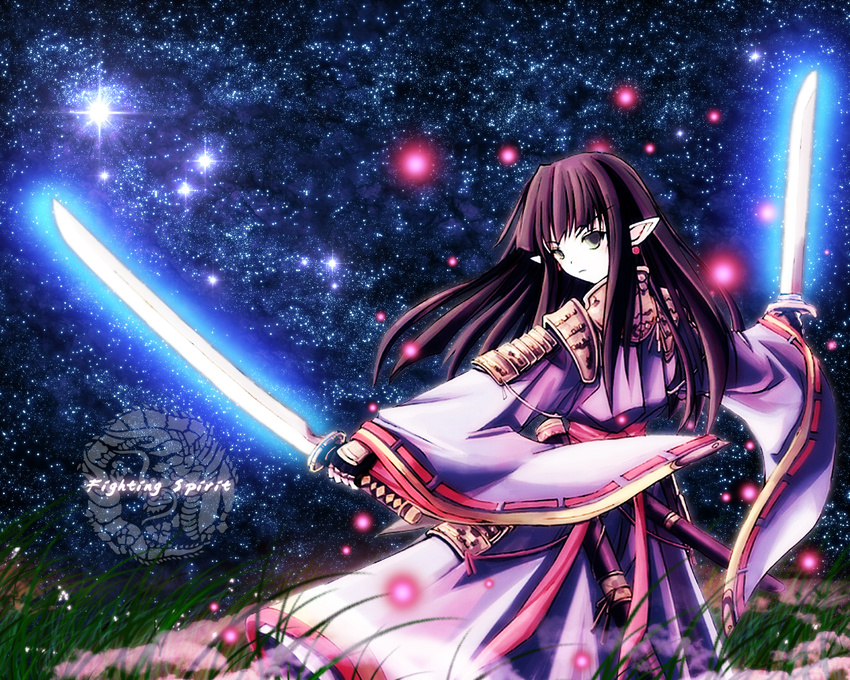 armor black_hair character_request copyright_request dual_wielding earrings glowing glowing_weapon holding japanese_clothes jewelry kotonemaru light_particles long_hair long_sleeves looking_back miko night night_sky pointy_ears sky solo source_request star_(sky) starry_sky sword wallpaper weapon