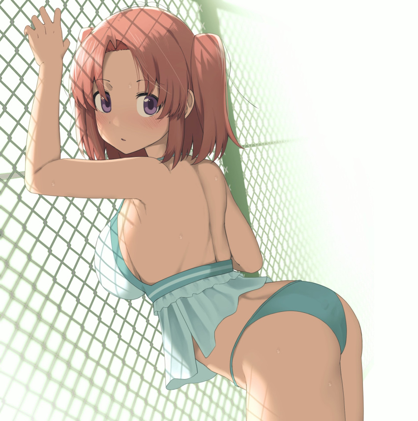 1girl against_fence aqua_bikini arm_up back bare_arms bare_shoulders bikini breasts chain-link_fence cowboy_shot fence forehead frilled_bikini frills from_side grabbing halterneck hand_up highres large_breasts leaning_forward looking_at_viewer looking_to_the_side medium_hair mikakunin_de_shinkoukei parted_bangs parted_lips purple_eyes red_hair sidelighting solo standing sunlight sweat swimsuit tennosuke_(tejons) turning_head twintails yonomori_kobeni