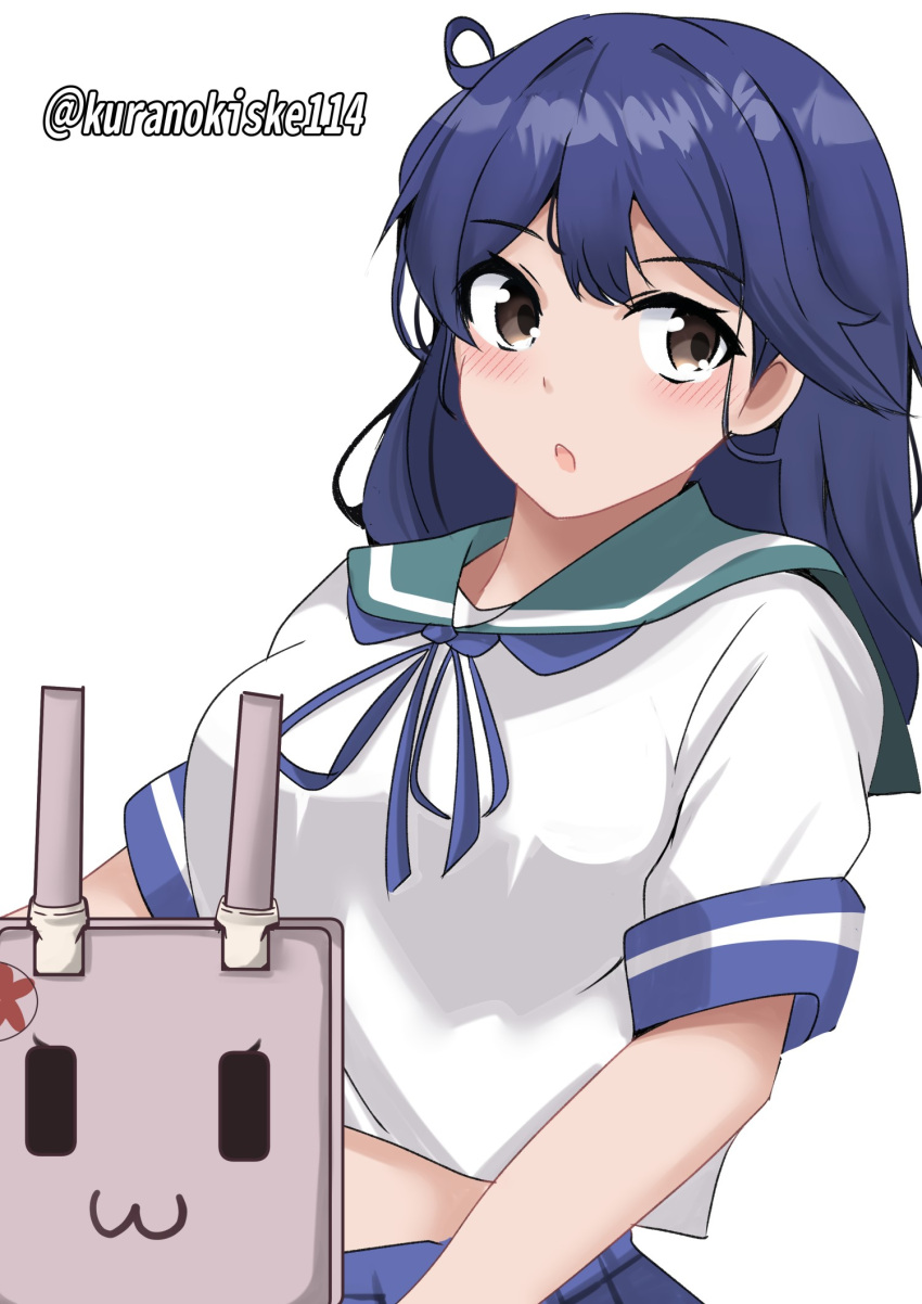 1girl :3 adapted_turret ahoge black_eyes blue_hair blue_neckerchief blue_sailor_collar cannon highres kantai_collection kurano_kisuke neckerchief one-hour_drawing_challenge sailor_collar school_uniform serafuku shirt short_sleeves simple_background solo turret twitter_username upper_body ushio_(kancolle) white_background white_shirt