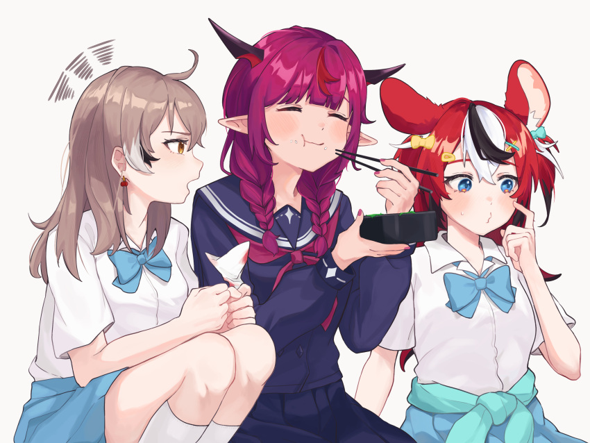 3girls absurdres ahoge animal_ear_fluff animal_ears blue_bow blue_bowtie blue_eyes blue_skirt blush bow bowtie braid brown_eyes brown_hair chopsticks closed_mouth clothes_around_waist earrings eating food food_on_face hair_bow hair_ornament hakos_baelz highres holding holding_chopsticks hololive hololive_english horns irys_(gamer)_(hololive) irys_(hololive) jacket jacket_around_waist jewelry kneehighs long_sleeves mouse_ears multicolored_hair multiple_girls nanashi_mumei pointy_ears puckered_lips purple_hair rantomato18 red_hair red_nails school_uniform serafuku shirt short_sleeves simple_background skirt socks squatting squiggle streaked_hair twin_braids white_background white_shirt white_socks x_hair_ornament