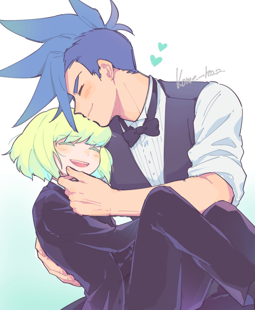 2boys androgynous artist_name blue_hair blush bow bowtie carrying closed_eyes commentary_request galo_thymos gradient_background green_background green_hair hand_on_another's_cheek hand_on_another's_face hand_on_another's_head heart highres holding kome_1022 lio_fotia male_focus mohawk multiple_boys open_mouth promare simple_background sleeves_pushed_up smile spiked_hair suit white_background