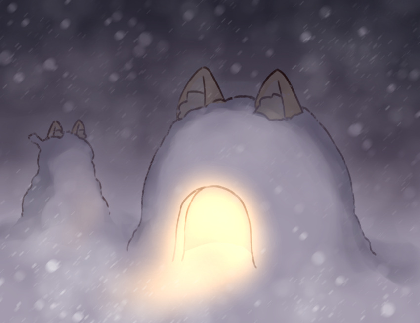 animal_ear_fluff animal_ears fox_ears kemomimi-chan_(naga_u) naga_u no_humans original outdoors quinzhee revision snow snow_shelter snowing