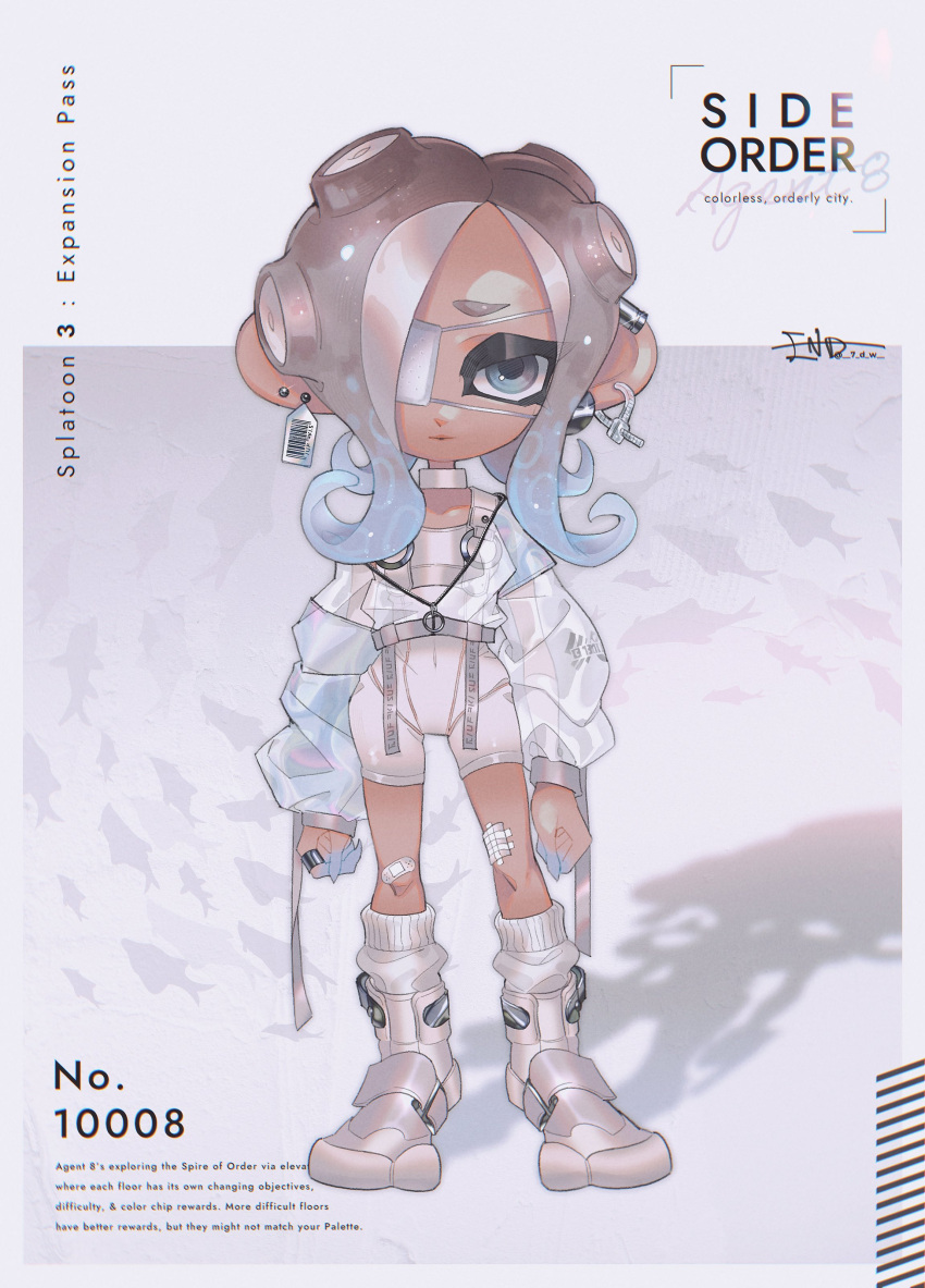 1girl absurdres agent_8_(splatoon) bandaid bandaid_on_knee bandaid_on_leg blue_hair bodysuit boots border brown_hair character_name commentary copyright_name covered_navel cropped_jacket dark-skinned_female dark_skin ear_piercing end_(7_d_w) english_text eyepatch full_body gradient_hair grey_background grey_eyes highres jacket medical_eyepatch medium_hair multicolored_hair octoling octoling_girl octoling_player_character outside_border parted_lips piercing puffy_sleeves see-through see-through_jacket see-through_sleeves shadow sleeveless sleeveless_bodysuit socks solo splatoon_(series) splatoon_3 splatoon_3:_side_order standing tag tentacle_hair thick_eyebrows two-tone_background two-tone_hair white_background white_bodysuit white_border white_footwear white_socks zipper zipper_pull_tab