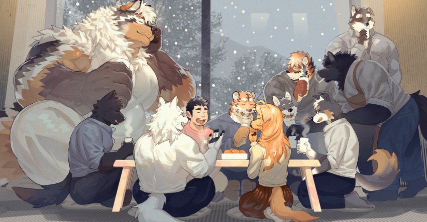 6+boys animal_ears animated animated_gif artin_(boogbogex) bara beard black_fur boogbogex brown_eyes brown_fur dog_boy dog_ears facial_hair from_side full_beard full_body furry furry_male giant giant_male haki_(boogbogex) highres kaki_thunb_(boogbogex) large_pectorals male_focus medium_sideburns multiple_boys muscular muscular_male orange_fur original pectorals profile relaxing second-party_source short_hair sideburns_stubble smile snowing stubble thick_beard thick_eyebrows tiger_boy whiskers white_fur yaoi