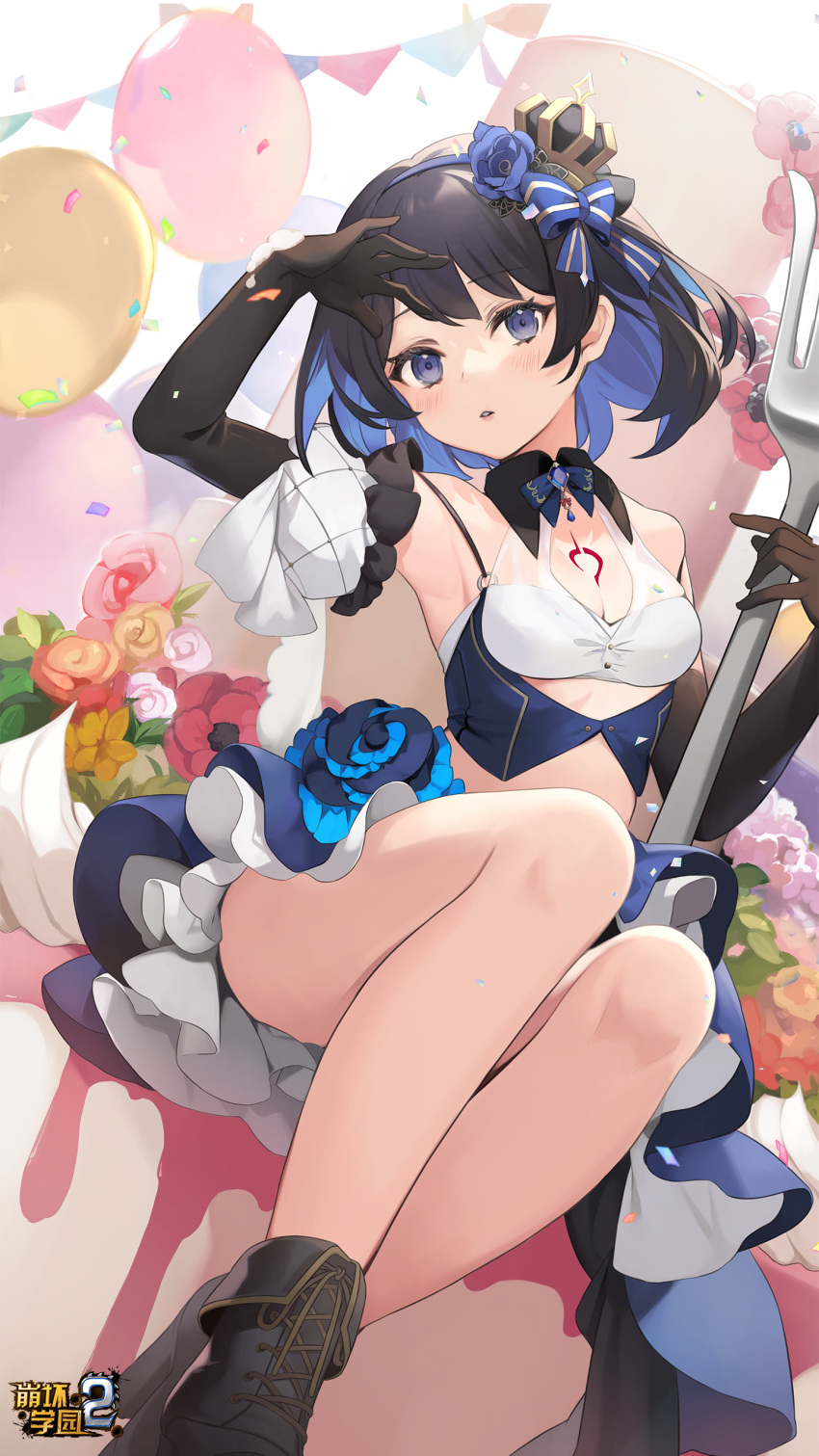 1girl :o absurdres arm_up armpits balloon bare_legs benghuai_xueyuan birthday black_footwear black_gloves black_hair blue_eyes blue_flower blue_hair blush bow breasts cake chest_tattoo cleavage copyright_name crown detached_sleeves elbow_gloves flower food fork gloves hair_bow highres holding holding_fork honkai_(series) logo mini_crown multicolored_hair official_art pink_flower red_flower second-party_source seele_vollerei shoes short_hair skirt small_breasts solo tattoo two-tone_hair yellow_flower