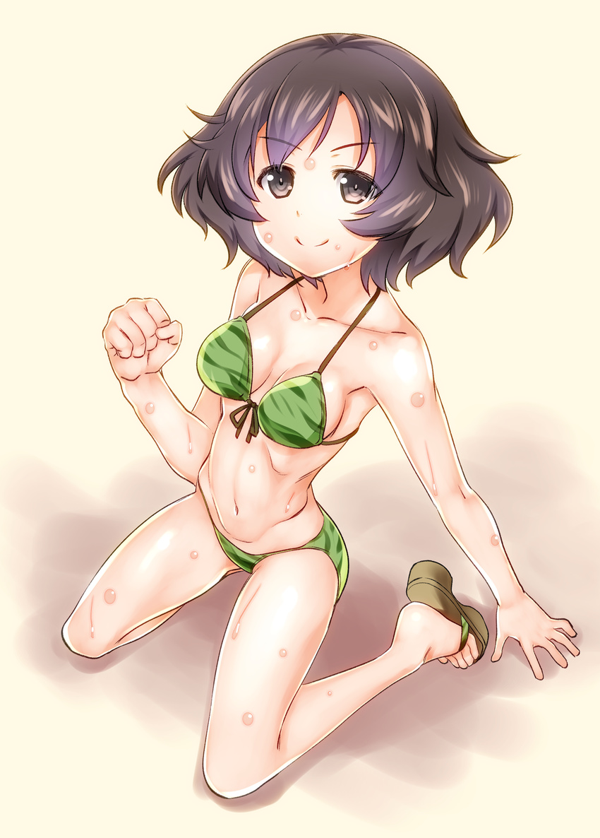 akiyama_yukari bangs bikini breasts brown_eyes brown_hair camouflage camouflage_bikini cleavage commentary_request from_above front-tie_bikini front-tie_top girls_und_panzer highres kneeling looking_at_viewer looking_up messy_hair navel okina_ika sandals short_hair small_breasts smile solo sweat swimsuit