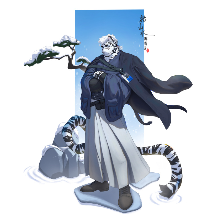 1boy absurdres alternate_costume animal_ears arknights artist_request bara facial_hair faux_figurine full_body furry furry_male goatee haori highres japanese_clothes kimono looking_at_viewer male_focus mountain_(arknights) new_year scar scar_across_eye short_hair smile solo standing thick_eyebrows tiger_boy tiger_ears white_hair