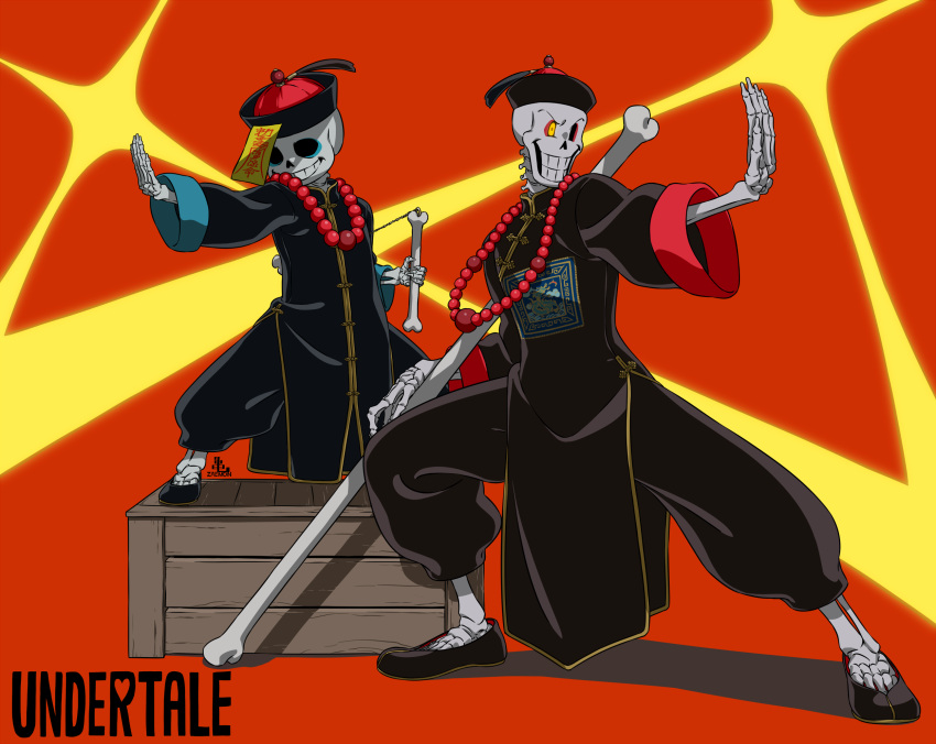 2boys alternate_costume aqua_eyeshadow bead_necklace beads black_dress black_footwear black_headwear black_pants bone brothers cel_shading china_dress chinese_clothes collared_dress commentary copyright_name crate dress eyeshadow from_side full_body grin hat height_difference highres holding holding_bone hollow_eyes jewelry jiangshi_costume kamezaemon legs_apart long_sleeves makeup male_focus multiple_boys necklace ofuda ofuda_on_head outstretched_arm pants papyrus_(undertale) pelvic_curtain qingdai_guanmao red_background red_eyeshadow sans shoes siblings simple_background skeleton smile standing undertale yellow_eyes