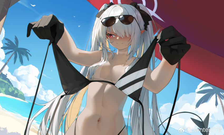 1girl absurdres averting_eyes bikini_tan black_gloves blue_archive breasts closed_mouth day eyewear_on_head gloves grey_hair hair_censor hair_over_breasts hair_ribbon halo highres holding holding_clothes holding_swimsuit iori_(blue_archive) iori_(swimsuit)_(blue_archive) long_hair medium_breasts navel outdoors painterliuhao pink_eyes pointy_ears ribbon smile solo sunglasses swimsuit tail tan tanlines topless twintails unworn_bikini_top upper_body very_long_hair weibo_username
