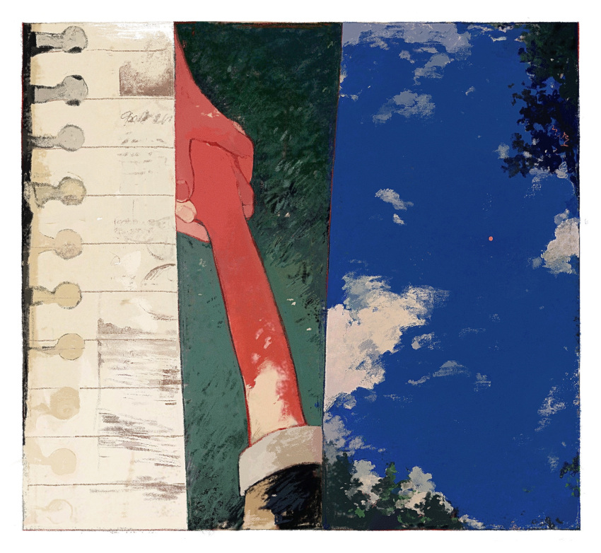 2others blue_sky border cloud collage commentary day grabbing_another's_hand hand_grab highres ka_(marukogedago) lined_paper multiple_others original out_of_frame outdoors short_sleeves sky tree white_border