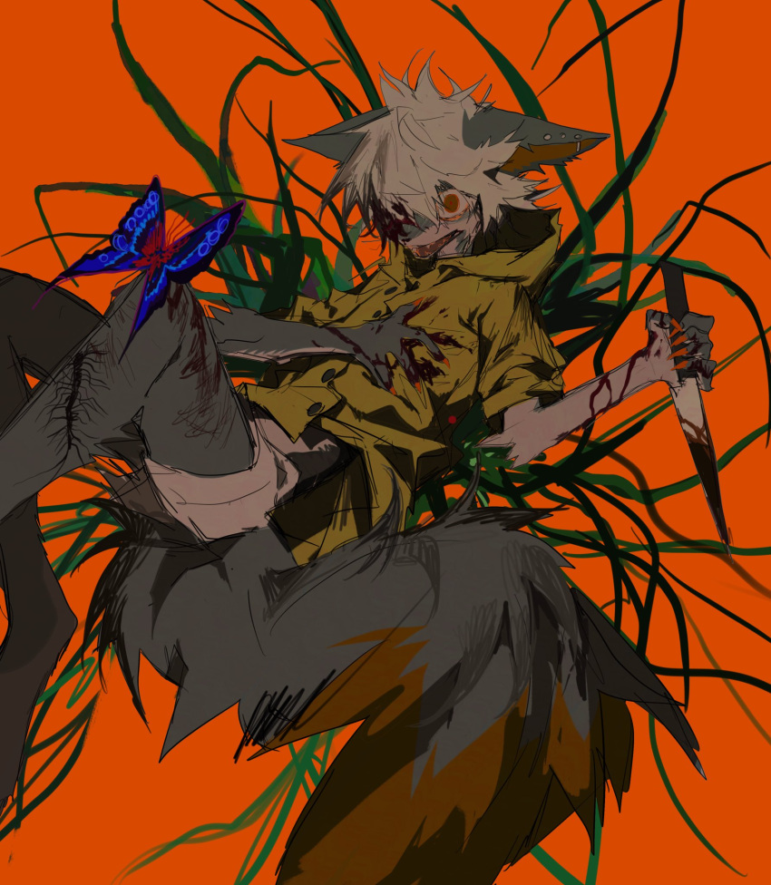 1boy blood bruise bug butterfly colored_sclera furry furry_male grass grey_fur grey_tail hand_on_own_chest highres holding holding_knife hood hoodie injury kamikiririp knife orange_background original red_eyes yellow_hoodie yellow_sclera