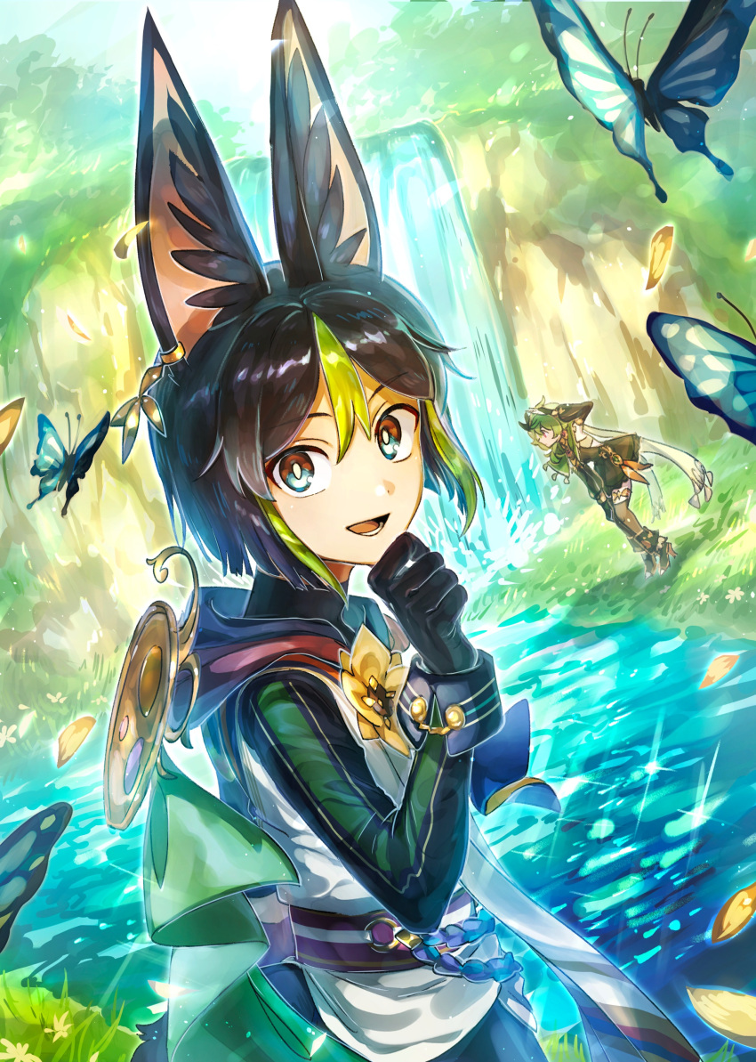 1boy 1girl :d absurdres animal_ear_fluff animal_ears arm_up black_gloves black_hair black_shirt blue_butterfly blunt_ends bright_pupils brown_dress brown_eyes brown_thighhighs bug butterfly cape capelet collei_(genshin_impact) commentary_request day detached_sleeves dress earrings falling_petals flower fox_ears genshin_impact gloves grass green_cape green_capelet green_eyes green_hair hair_between_eyes hand_up highres hood hood_down hoodie jewelry kam_om3 leaning_forward long_sleeves looking_at_viewer lower_teeth_only male_focus multicolored_clothes multicolored_eyes multicolored_hair open_mouth outdoors petals purple_eyes purple_sash rope sash shirt short_hair single_earring smile solo_focus standing streaked_hair teeth thighhighs tighnari_(genshin_impact) tree turtleneck water waterfall white_cape white_flower white_pupils wrist_cuffs yellow_flower
