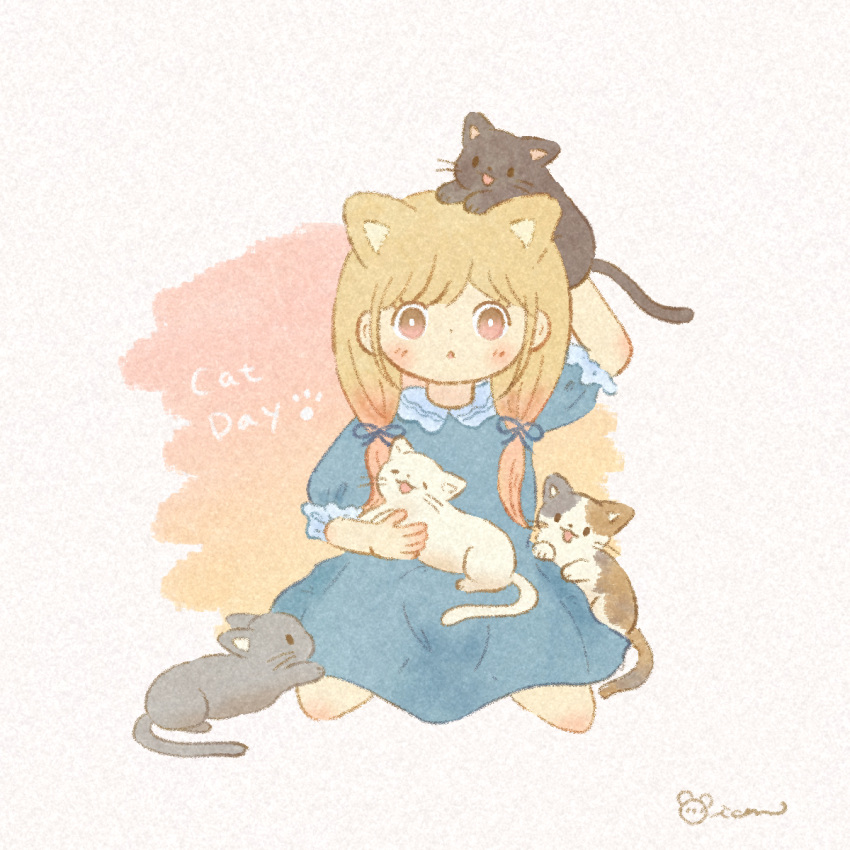 1girl animal animal_ears animal_on_head animal_on_lap black_cat blue_dress blue_ribbon blush brown_eyes brown_hair calico cat cat_day cat_ears cat_on_head cat_on_lap commentary dress english_commentary frilled_sleeves frills full_body gradient_eyes grey_cat hair_ribbon highres long_hair looking_at_viewer low-tied_long_hair mian_(user_kwcj2833) multicolored_eyes on_head on_lap original parted_lips pink_background pink_eyes puffy_short_sleeves puffy_sleeves ribbon short_sleeves signature sitting solo two-tone_background white_background white_cat