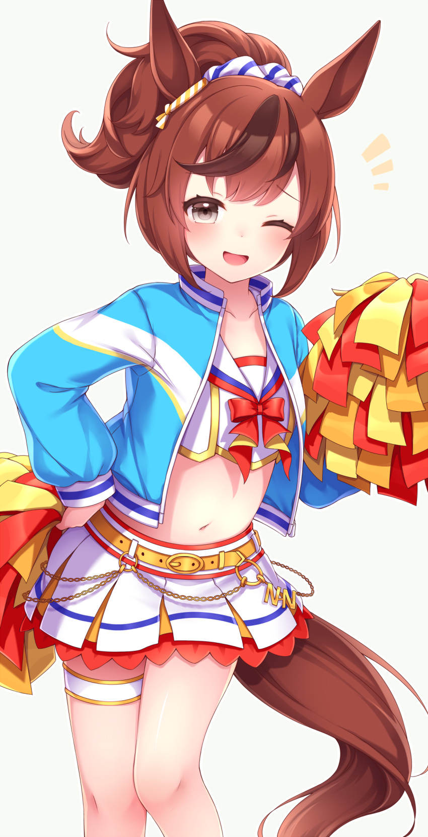 1girl ;d absurdres animal_ears blue_jacket blush bow bowtie brown_eyes brown_hair cheerleader commentary_request crop_top hand_on_own_hip highres holding holding_pom_poms horse_ears horse_girl horse_tail jacket long_sleeves looking_at_viewer medium_hair midriff miniskirt multicolored_hair navel nice_nature_(run&amp;win)_(umamusume) nice_nature_(umamusume) official_alternate_costume official_alternate_hairstyle one_eye_closed open_mouth pleated_skirt pom_pom_(cheerleading) ponytail red_bow red_bowtie sailor_collar sailor_shirt sanotsuki shirt skirt smile solo streaked_hair tail thigh_strap umamusume white_sailor_collar white_shirt white_skirt