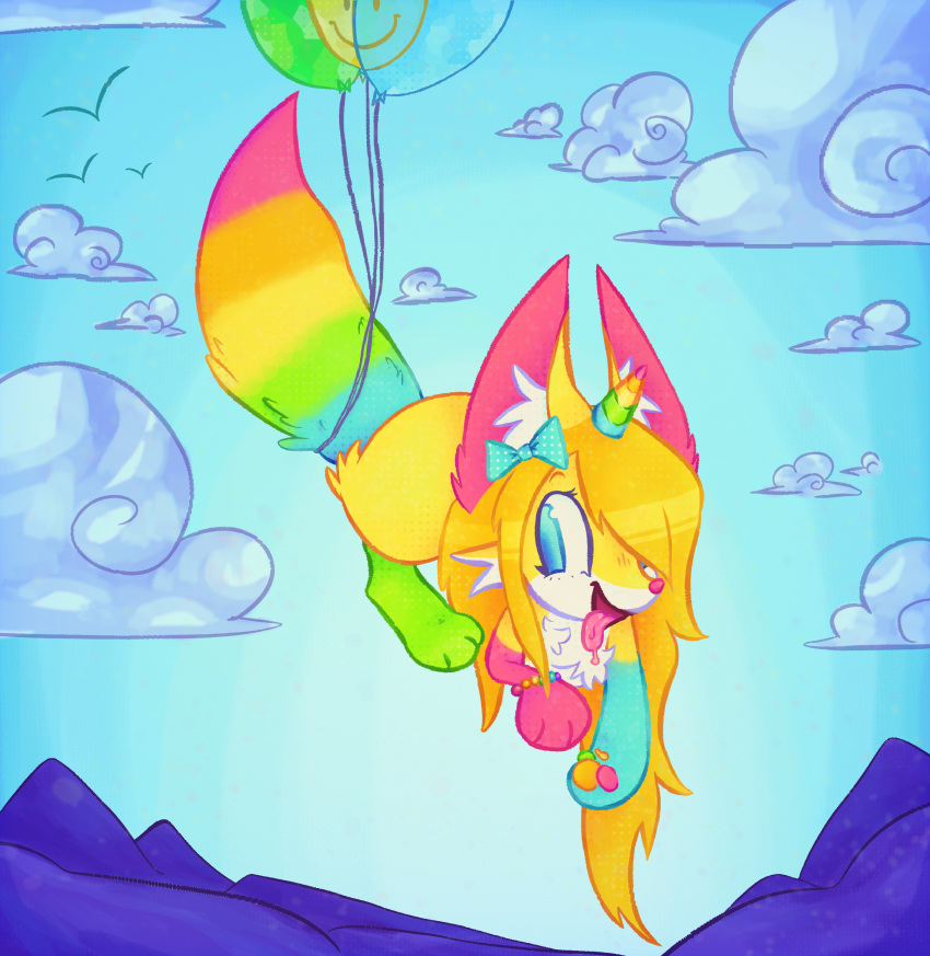 absurd_res accessory ambiguous_gender balloon balloon_support blonde_hair blue_background blue_eyes bow_ribbon canid canine cloud equid equine fennec_fox feral floating fox glistening glistening_eyes hair hair_accessory hair_bow hair_ribbon hi_res horn inflatable klbblez mammal mountain mountain_range mythological_creature mythological_equine mythology pawpads paws ribbons simple_background sky skyscape smile solo sparkledog true_fox unicorn