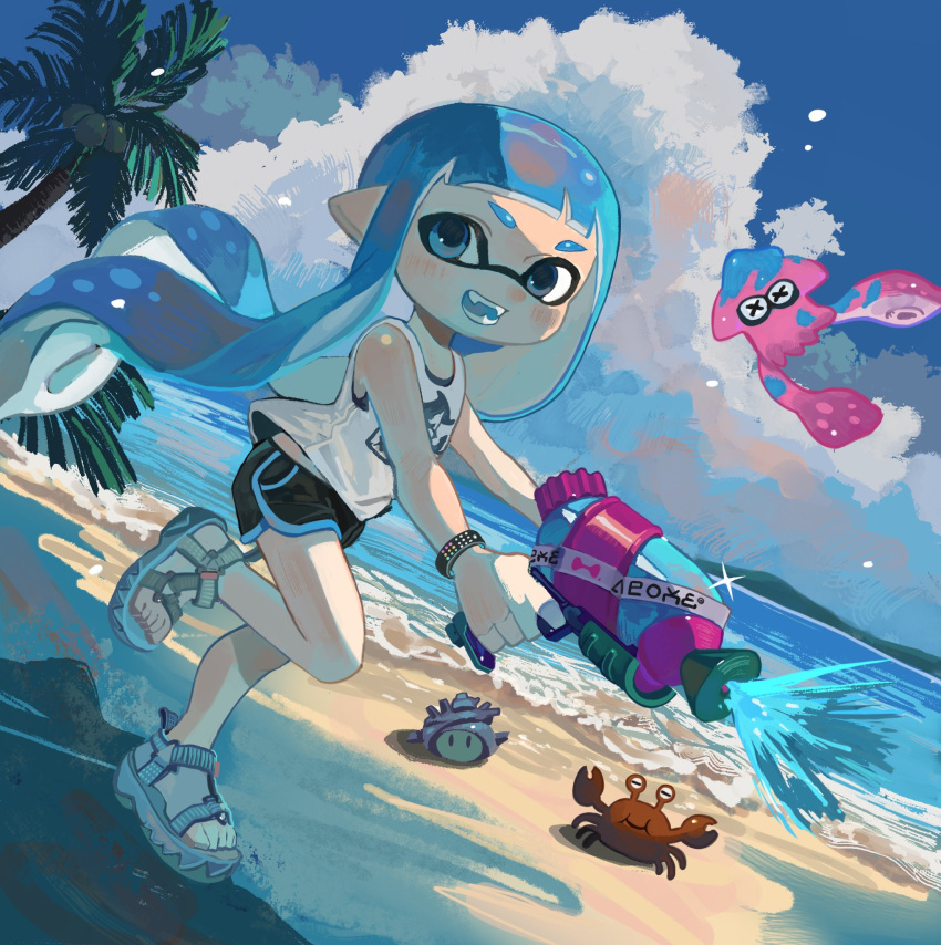 1girl bare_shoulders beach black_shorts blue_eyes blue_footwear blue_hair blue_sky blunt_bangs bracelet cloud commentary_request crab day dolphin_shorts dutch_angle fangs from_side full_body highres holding holding_water_gun inkling_girl inkling_player_character jewelry long_hair looking_at_viewer mituhati ocean open_mouth outdoors palm_tree pointy_ears sandals scenery shorts sky smile solo splatoon_(series) squid standing standing_on_one_leg summer tank_top tentacle_hair tree water_gun white_tank_top