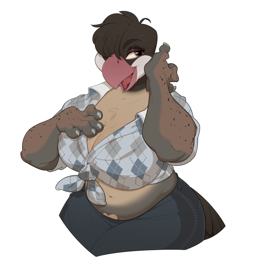 2022 5_fingers anthro avian beak belly big_breasts bird bottomwear breasts brown_eyes chest_tuft claws clothing denim denim_bottomwear denim_clothing digital_drawing_(artwork) digital_media_(artwork) female fenzole_(artist) fingers hand_over_breast hi_res huge_breasts jeans multicolored_body navel one_eye_obstructed overweight overweight_female pants pink_beak shirt simple_background smile solo tail thick_thighs tied_shirt tongue topwear tuft