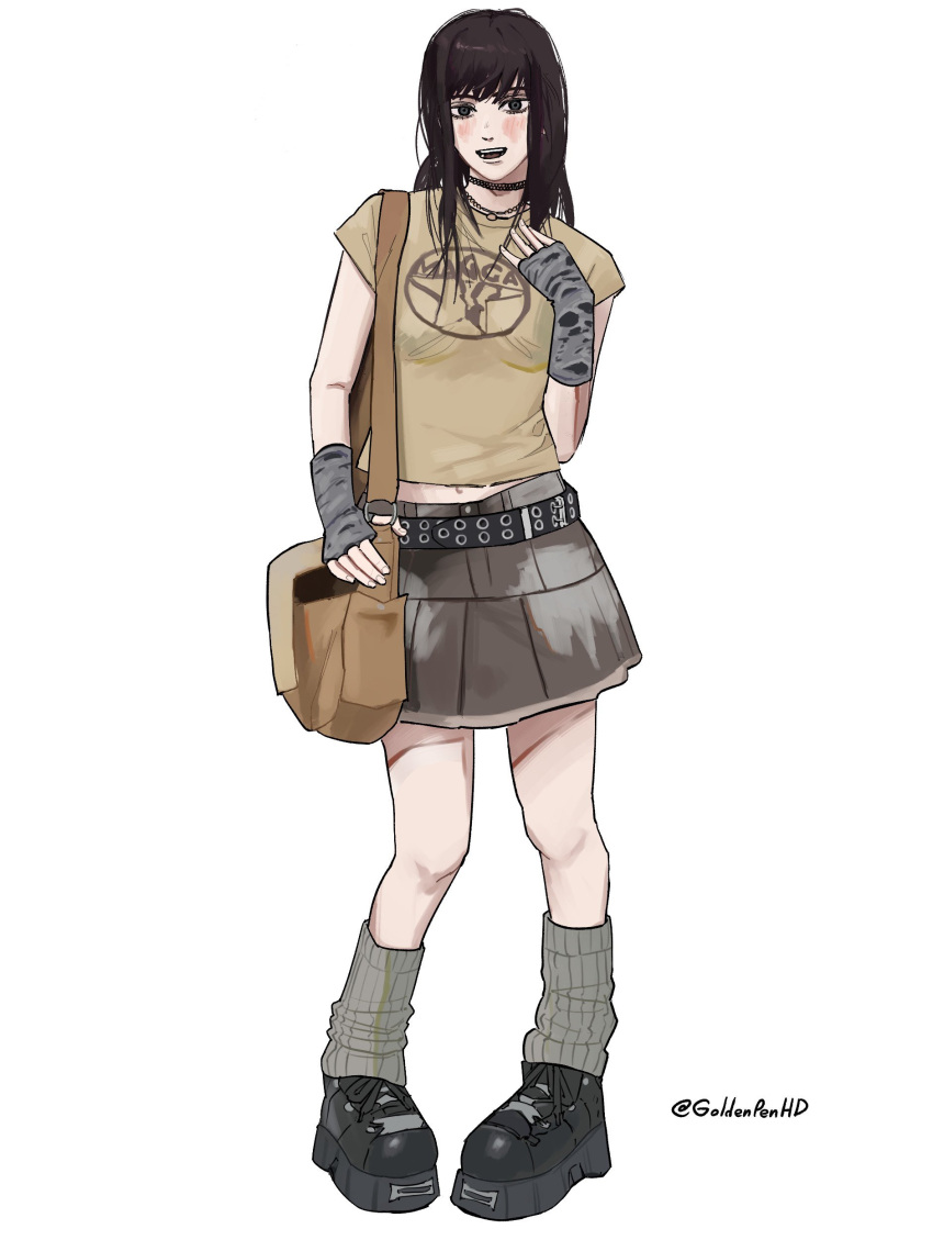 1girl absurdres bag belt black_hair blush casual chainsaw_man full_body goldenpenhd handbag highres long_hair looking_at_viewer mitaka_asa navel open_mouth platform_footwear platform_heels skirt smile solo