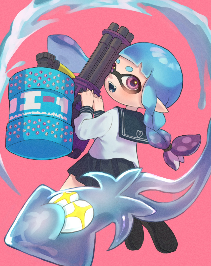 +_+ 1girl black_footwear black_skirt blue_hair braid commentary_request full_body gradient_hair gun heavy_splatling_(splatoon) highres holding holding_gun holding_weapon inkling inkling_girl inkling_player_character kraken_(splatoon) long_hair looking_back low-tied_long_hair multicolored_hair nastar_r0 open_mouth pink_background pointy_ears purple_hair side_braid simple_background skirt smile splatoon_(series) splatoon_3 squid teeth tentacle_hair thick_eyebrows two-tone_hair weapon