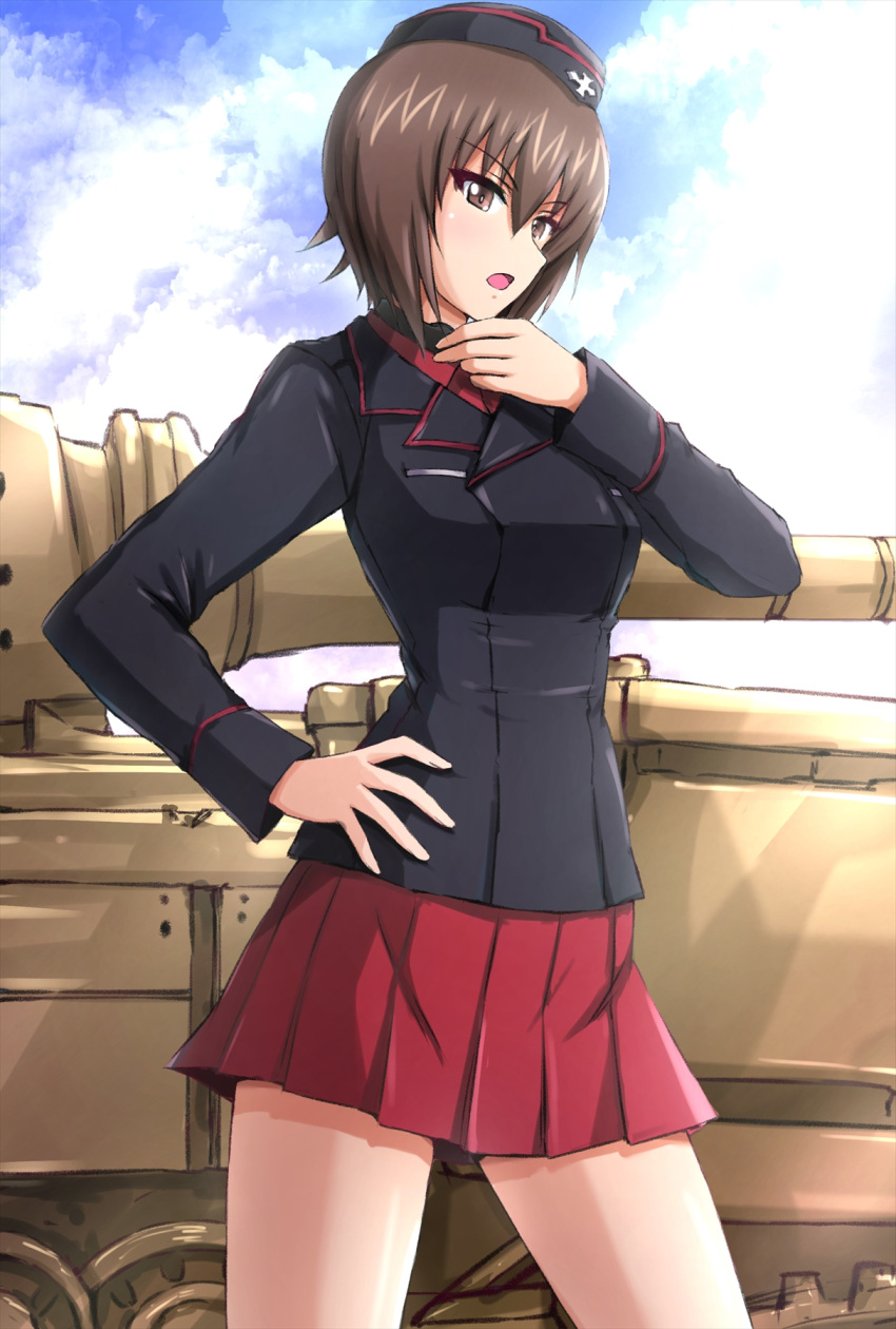 1girl black_headwear black_jacket blue_sky brown_eyes brown_hair cloud cloudy_sky commentary cowboy_shot day dress_shirt frown garrison_cap girls_und_panzer hand_on_own_hip hand_on_own_throat hat highres insignia jacket kuromorimine_military_uniform long_sleeves looking_at_viewer military_hat military_uniform military_vehicle miniskirt motor_vehicle nishizumi_maho omachi_(slabco) open_mouth outdoors pleated_skirt red_shirt red_skirt shirt short_hair skirt sky solo standing tank throat_microphone tiger_i uniform wing_collar