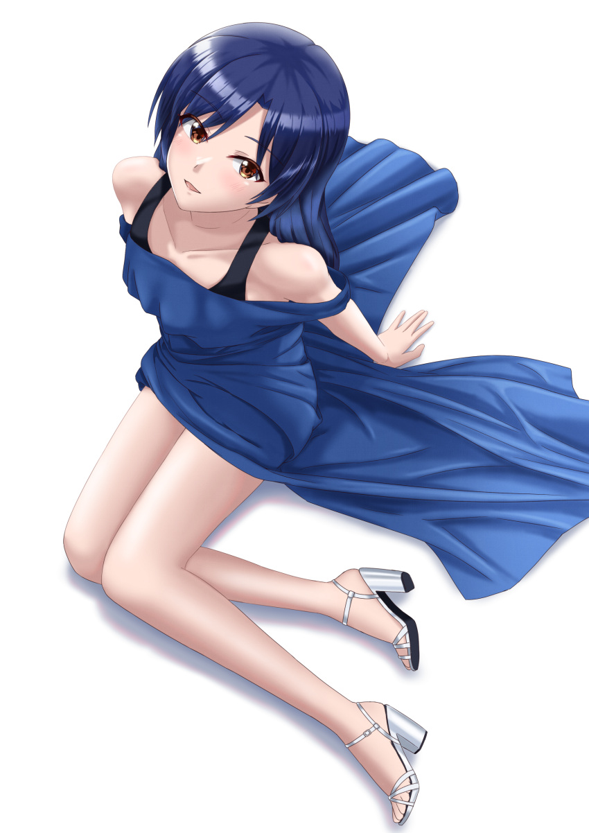 absurdres blue_dress blue_hair blush brown_eyes dress highres idolmaster kisaragi_chihaya legs long_hair looking_at_viewer midori_mushi off_shoulder simple_background sitting smile strappy_heels