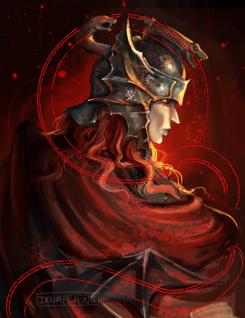 1boy armor artist_name black_snake chainmail commentary dovahcaine elden_ring embers english_commentary helmet highres long_hair looking_at_viewer messmer_the_impaler ornate ornate_armor outline red_hair red_snake snake snake_on_shoulder solo winged_helmet yellow_eyes