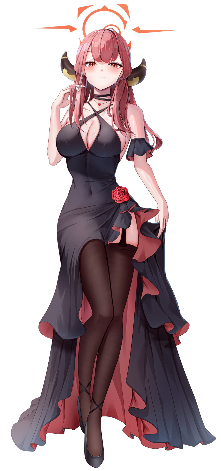 1girl absurdres alternate_costume aru_(blue_archive) bare_shoulders black_dress black_footwear black_thighhighs blue_archive breasts cleavage closed_mouth covered_navel demon_horns dress dress_flower flower full_body garter_straps halo hand_up high_heels highres horns jewelry large_breasts li_se long_dress long_hair looking_at_viewer necklace red_dress red_eyes red_flower red_hair shirt sidelocks simple_background sleeveless sleeveless_dress small_breasts solo standing stomach thighhighs two-tone_dress white_shirt