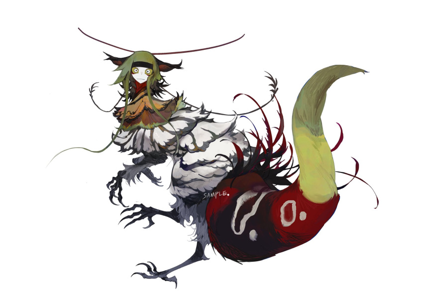 animal_ears animal_feet antennae claws colored_sclera colored_skin creature full_body green_hair green_sclera green_tail highres kamikiririp looking_at_viewer multicolored_tail no_humans original red_tail tail talons white_background white_eyes white_fur white_skin