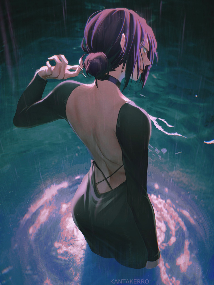 1girl backless_dress backless_outfit black_choker black_dress chainsaw_man choker criss-cross_strings dress from_behind green_eyes grenade_pin hair_bun highres kantakerro looking_back medium_hair purple_hair rain reze_(chainsaw_man) solo standing wading water