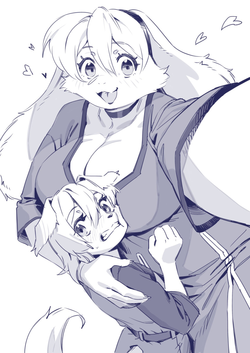 &lt;3 4_fingers anthro aruurara big_breasts blush blush_lines breasts button_ears canid canine canis choker cleavage clothed clothing domestic_dog duo eyebrow_through_hair eyebrows female fingers floppy_ears hair head_on_breast hi_res hug huge_breasts jewelry lagomorph larger_female leporid looking_at_viewer male mammal monochrome necklace open_mouth rabbit retriever_(aruurara) selfie size_difference smaller_male sophia_(aruurara) tail translucent translucent_hair