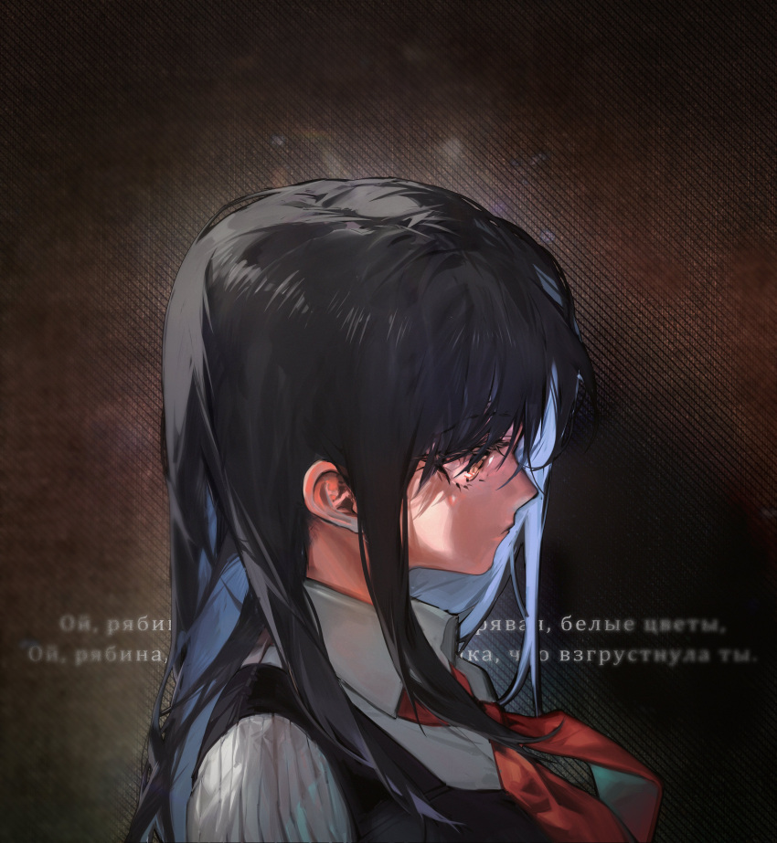 1girl absurdres aged_down angelia_(girls'_frontline) black_dress black_hair blueblossom collared_shirt dress from_side girls'_frontline highres long_hair necktie portrait red_necktie russian_text shirt simple_background solo translated white_shirt yellow_eyes