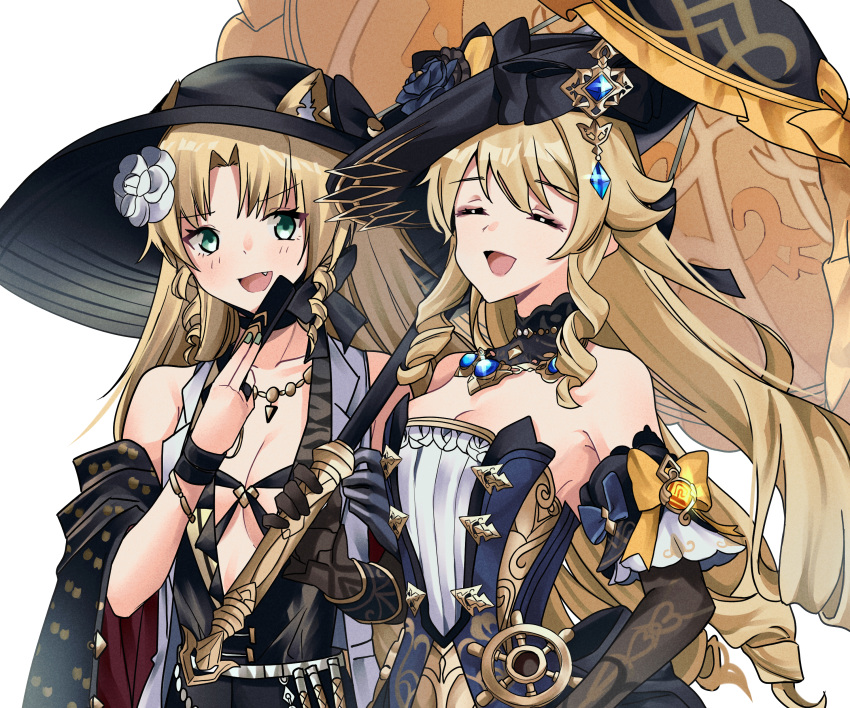 2girls :d ^_^ absurdres animal_ears aqua_eyes arknights bare_shoulders black_dress black_headwear blonde_hair breasts cleavage closed_eyes commentary dress drill_hair drill_sidelocks ears_through_headwear genshin_impact highres holding long_hair multiple_girls navia_(genshin_impact) open_mouth pokarii_zuu sidelocks simple_background small_breasts smile strapless strapless_dress swire_(arknights) swire_the_elegant_wit_(arknights) tiger_ears very_long_hair white_background