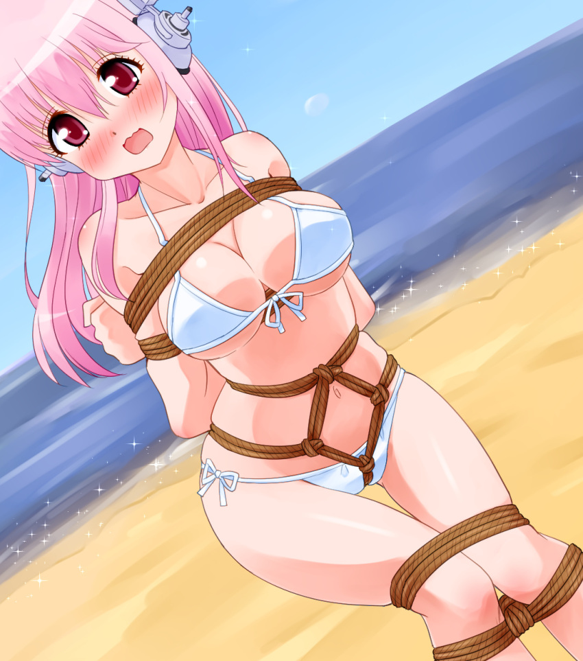 bdsm bikini bondage bound bound_arms bound_legs bound_torso breast_bondage crotch_rope highres mukanata restrained shibari super_sonico swimsuit