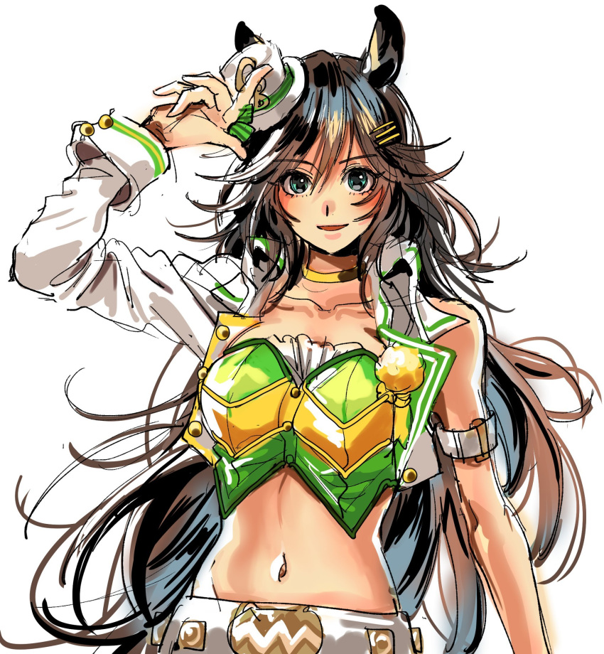 1girl animal_ears arm_up black_hair choker commentary_request crop_top green_shirt hat highres horse_ears jacket kuya_(hey36253625) long_hair midriff mini_hat mini_top_hat mr._c.b._(umamusume) navel open_clothes open_jacket shirt simple_background single_bare_shoulder single_sleeve solo stomach strapless strapless_shirt top_hat umamusume upper_body very_long_hair white_background white_headwear white_jacket