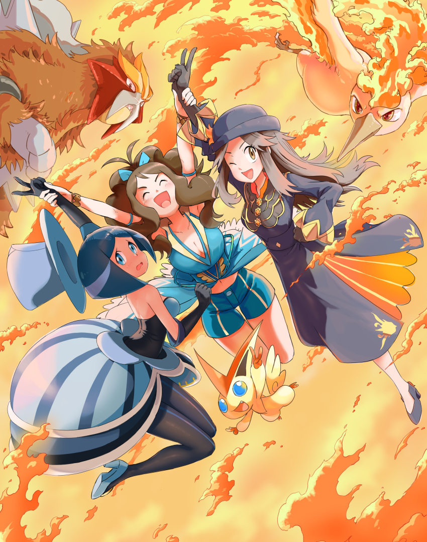 3girls :d ;d absurdres antenna_hair aqua_eyes arms_up blush breasts brown_eyes brown_hair cleavage closed_eyes commentary_request dress entei evelyn_(pokemon) eyelashes fire gloves hair_flaps hat high_heels highres hilda_(pokemon) hilda_(sygna_suit)_(pokemon) leaf_(champion)_(pokemon) leaf_(pokemon) long_hair long_sleeves moltres multiple_girls official_alternate_costume one_eye_closed open_mouth pantyhose pokemon pokemon_(creature) pokemon_masters_ex pokemon_xy sidelocks smile top_hat u4_99384295 v victini yellow_background