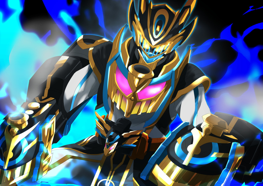 1boy absurdres armor aura black_armor blue_fire bodysuit driver_(kamen_rider) fiery_background fire gauntlets gloves glowing glowing_eyes gold_trim gotcha_driver highres kamen_rider kamen_rider_gotchard kamen_rider_gotchard_(series) kamen_rider_iron_gotchard living_clothes locomotive loincloth miyabi_(037) outstretched_arms power_armor purple_eyes rider_belt spread_arms steam steam_locomotive tenliner tokusatsu white_bodysuit yellow_eyes