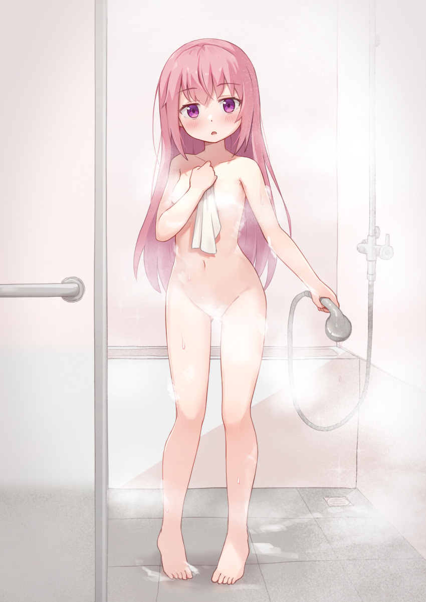 1girl absurdres ass_visible_through_thighs bathroom blush collarbone completely_nude convenient_censoring eleven-sora foam full_body groin hair_between_eyes hand_up highres holding holding_shower_head holding_towel long_hair looking_at_viewer navel nude open_mouth original pink_eyes pink_hair shower_head showering solo standing steam steam_censor straight-on straight_hair tile_floor tiles toes towel wet