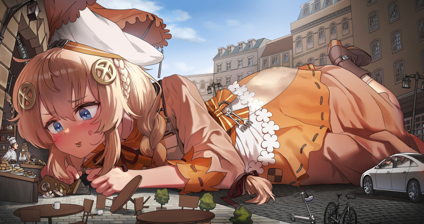 1girl absurdres bicycle blonde_hair blue_eyes braid brown_dress car choco_(neural_cloud) city commission dress fnc_(girls'_frontline) giant giantess girls'_frontline girls'_frontline_neural_cloud hair_ornament hat highres kkasi00 long_hair motor_vehicle outdoors second-party_source solo table white_headwear