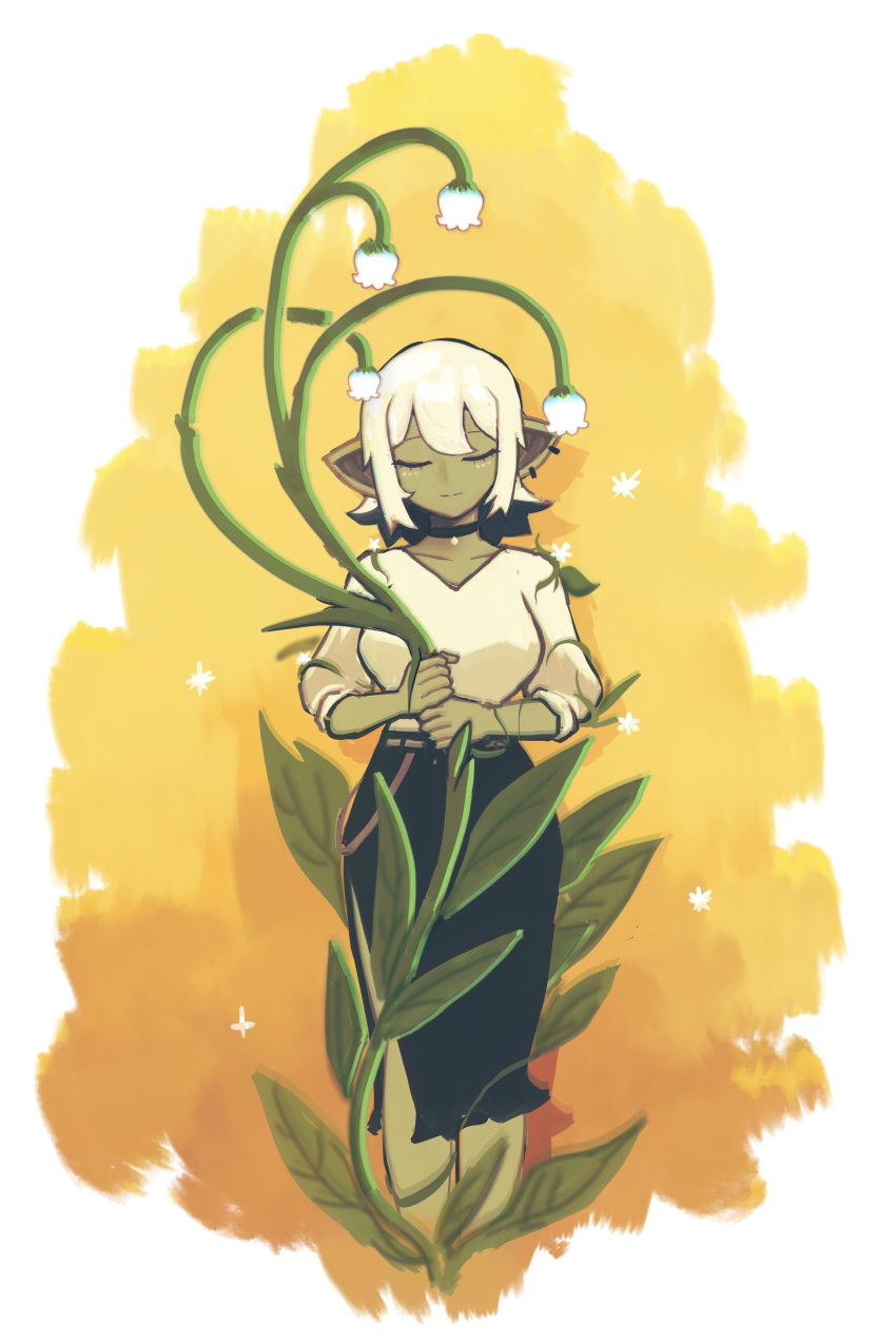 1girl absurdres artist_self-insert black_choker black_skirt choker closed_eyes closed_mouth collarbone colored_skin earrings female_goblin flower goblin green_skin highres holding holding_flower holding_plant jewelry large_ears minchi_(anda) original plant pointy_ears shirt side_slit simple_background skirt solo v-neck white_hair white_shirt