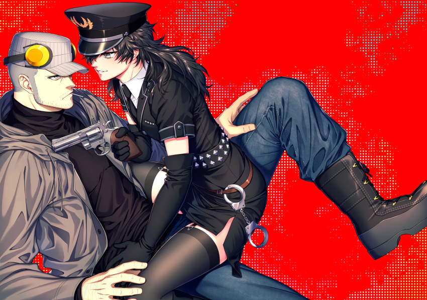 amamiya_ren black_hair black_sweater boy_on_top coat cross-laced_footwear crossdressing cuffs denim earrings facial_hair garter_straps grey_eyes grey_hair handcuffs hat headphones highres iwai_munehisa jeans jewelry long_hair looking_at_another military_hat ouno_mayumi pants persona persona_5 red_background sweater turtleneck turtleneck_sweater yaoi