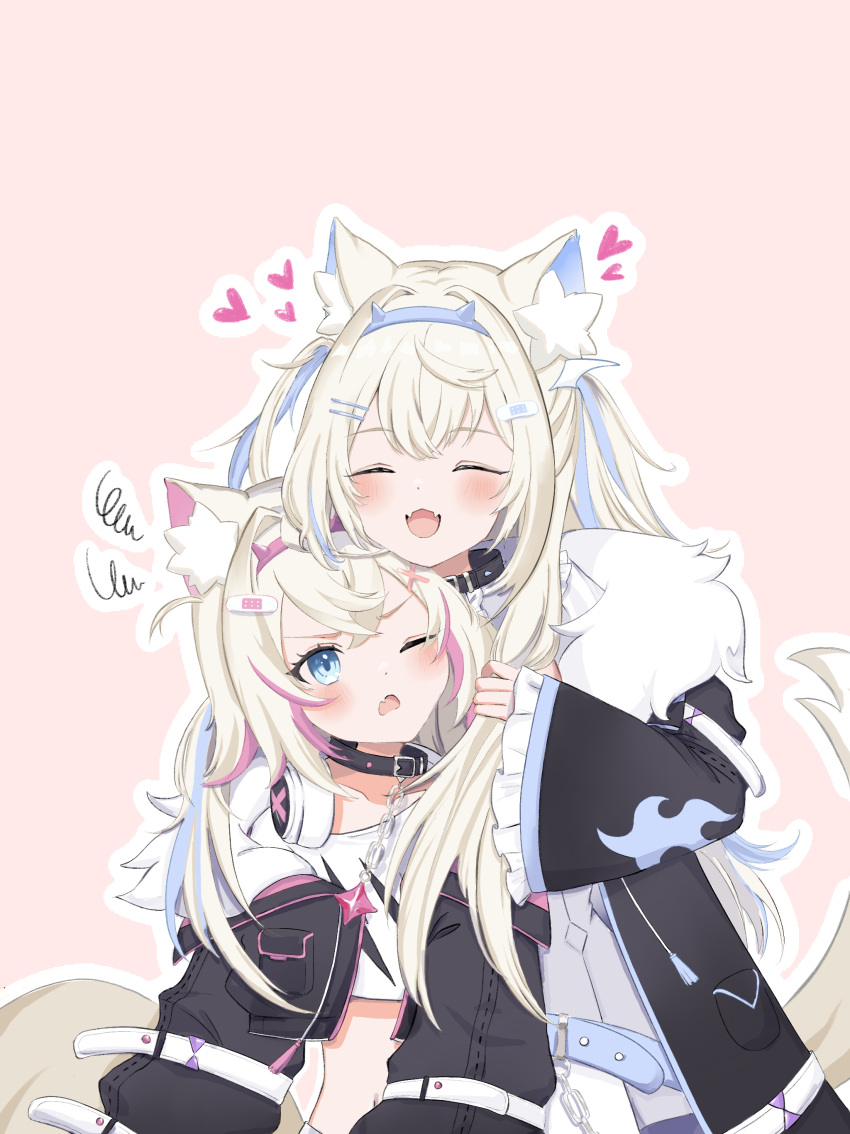 2girls absurdres animal_ear_fluff animal_ears bandaid bandaid_hair_ornament black_collar black_jacket blonde_hair blue_eyes blue_hair blue_hairband blush cat_ears chain closed_eyes collar crop_top d; deararisu facing_viewer fang fangs frilled_sleeves frills fur-trimmed_jacket fur_trim fuwawa_abyssgard hair_intakes hair_ornament hairband heart highres hololive hololive_english jacket jewelry long_hair long_sleeves looking_at_viewer midriff_peek mococo_abyssgard multicolored_hair multiple_girls navel one_eye_closed open_mouth outline pendant pink_background pocket shirt simple_background squiggle standing streaked_hair upper_body virtual_youtuber white_outline white_shirt