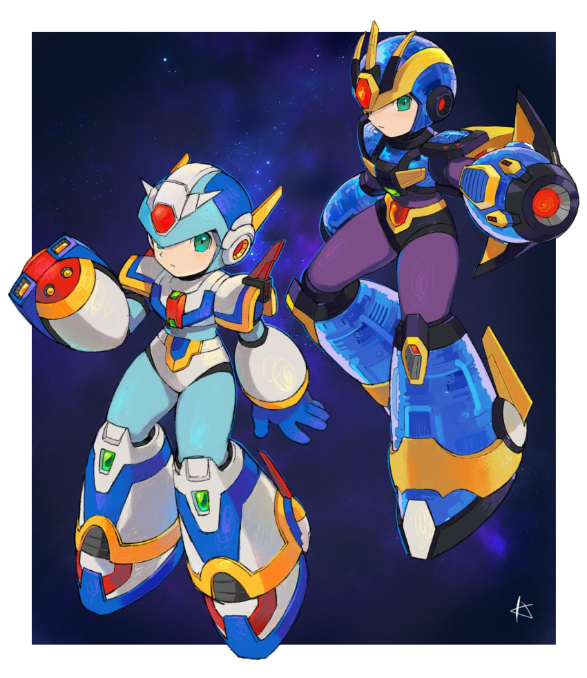 1boy aiming arm_cannon armor boots forehead_jewel fourth_armor_x_(mega_man) green_eyes highres mechanical_boots mega_man_(series) mega_man_x4 mega_man_x_(series) night shoulder_armor touhou3939 ultimate_armor_x_(mega_man) weapon x_(mega_man)