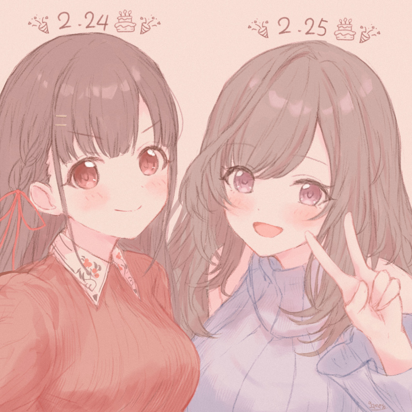 &gt;:) 2girls :d birthday_cake blue_sweater blunt_bangs blush braid brown_hair cake closed_mouth clothing_cutout eyelashes floral_print food gameso hair_ribbon happy_birthday highres idolmaster idolmaster_shiny_colors long_hair long_sleeves looking_at_viewer multiple_girls open_mouth party_popper pink_eyes red_eyes red_ribbon red_sweater ribbed_sweater ribbon shoulder_cutout smile sonoda_chiyoko sweater swept_bangs tsukioka_kogane v v-shaped_eyebrows