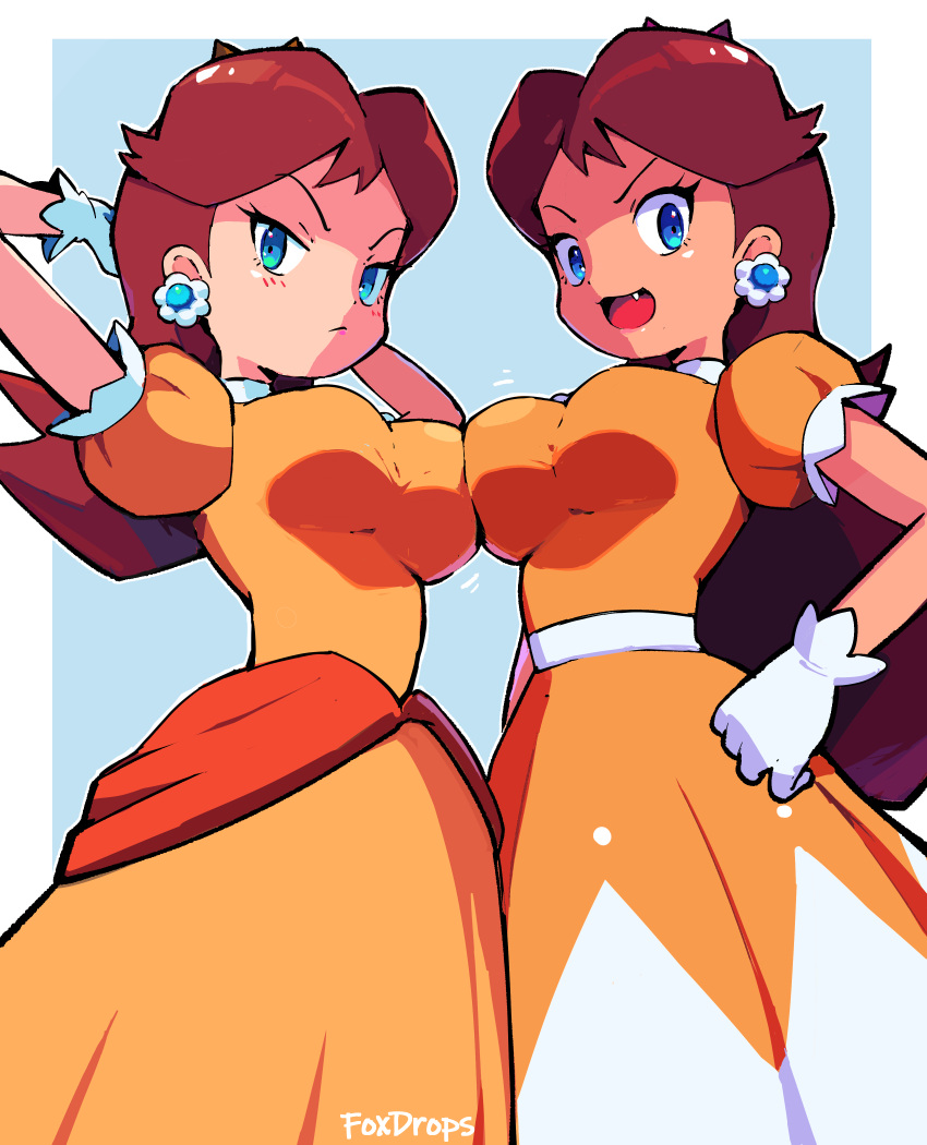 absurdres arms_behind_head blue_eyes breast_contest breast_press breasts brown_hair clone dress earrings fang flower_brooch flower_earrings foxdropsdraws gloves hands_on_own_hips highres jewelry looking_at_viewer mario_(series) open_mouth orange_dress princess_daisy tan white_gloves