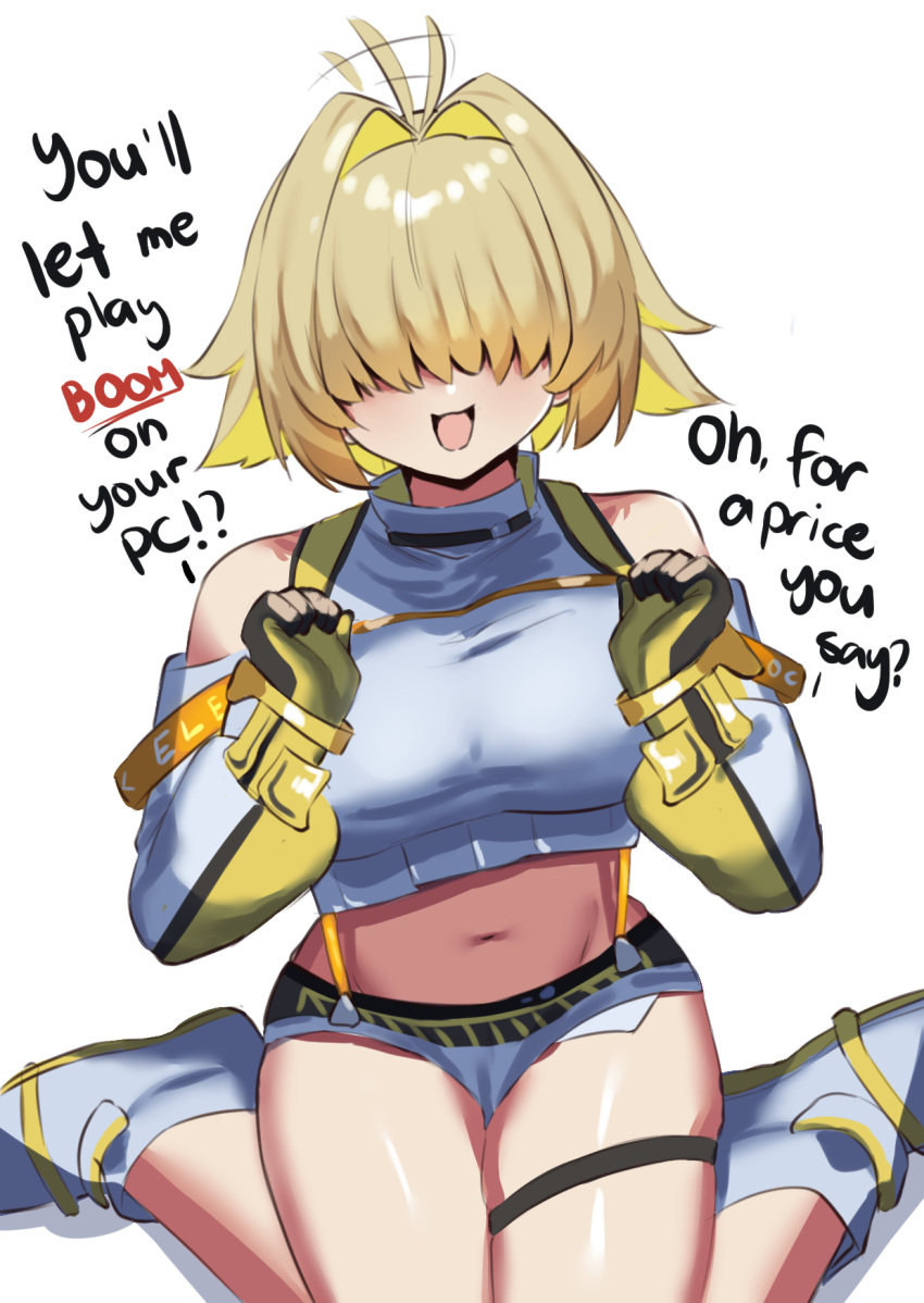 1girl :3 ahoge ahoge_wag black_gloves blonde_hair blush breasts commentary crop_top elegg_(nikke) english_commentary english_text expressive_hair facing_viewer fingerless_gloves gloves goddess_of_victory:_nikke hair_intakes hair_over_eyes highres iog626 large_breasts long_bangs long_sleeves multicolored_clothes multicolored_gloves multicolored_hair navel open_mouth shirt short_hair shorts simple_background skindentation smile solo stomach suspenders thigh_strap two-tone_hair white_background white_footwear white_shirt white_shorts yellow_gloves