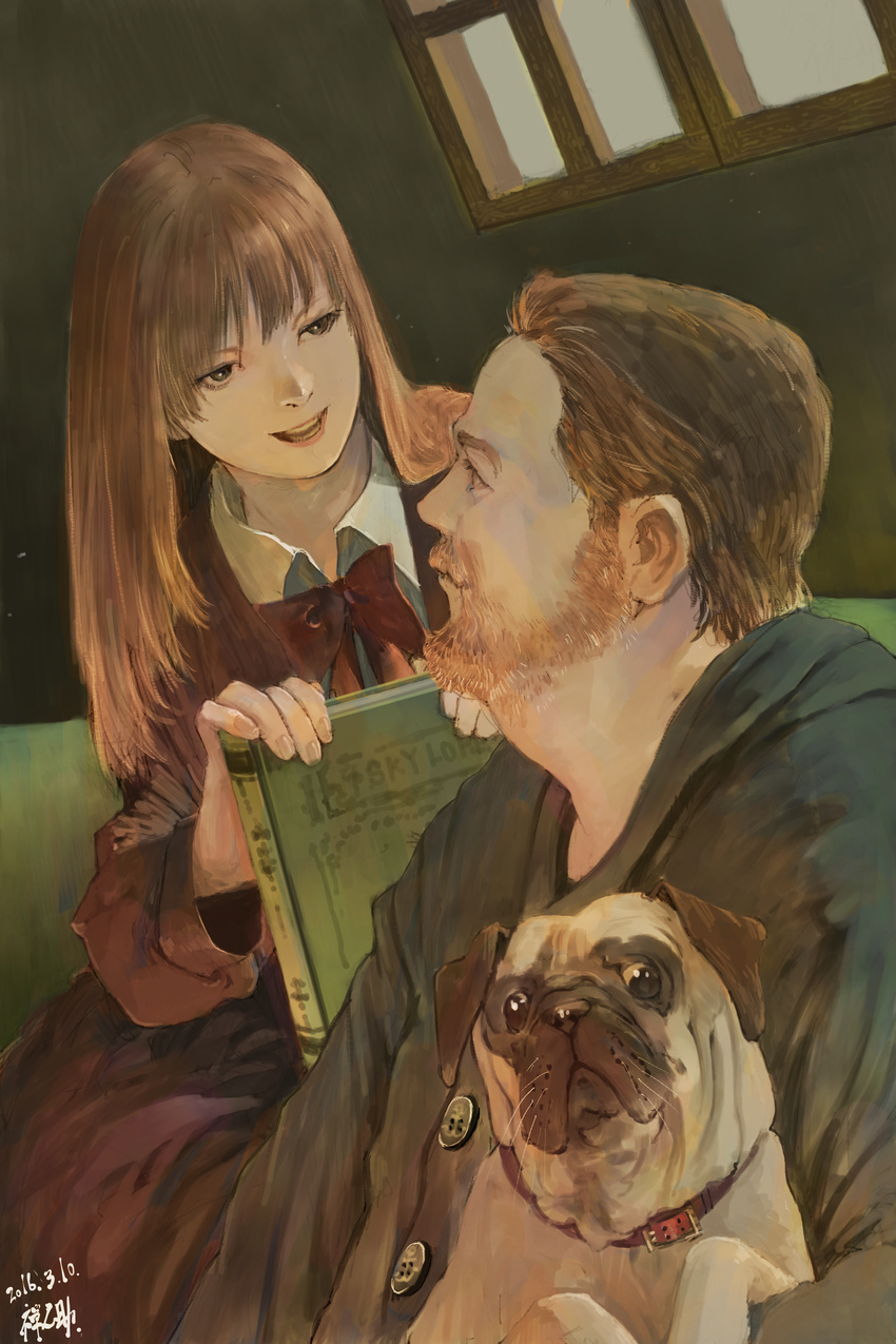 1girl 2016 absurdres artist_name beard book bow bowtie brown_hair collar collared_shirt dated dog facial_hair green_eyes highres holding holding_book long_hair looking_at_another mustache number open_mouth original red_bow red_neckwear shirt short_hair wing_collar zennosuke